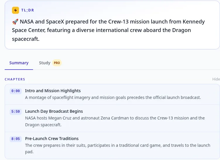 Chapters PageSum generated for the first 10 minutes of the Crew-13 Live replay