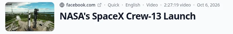 PageSum's result header for NASA's 2:27:19 Crew-13 launch replay from Facebook
