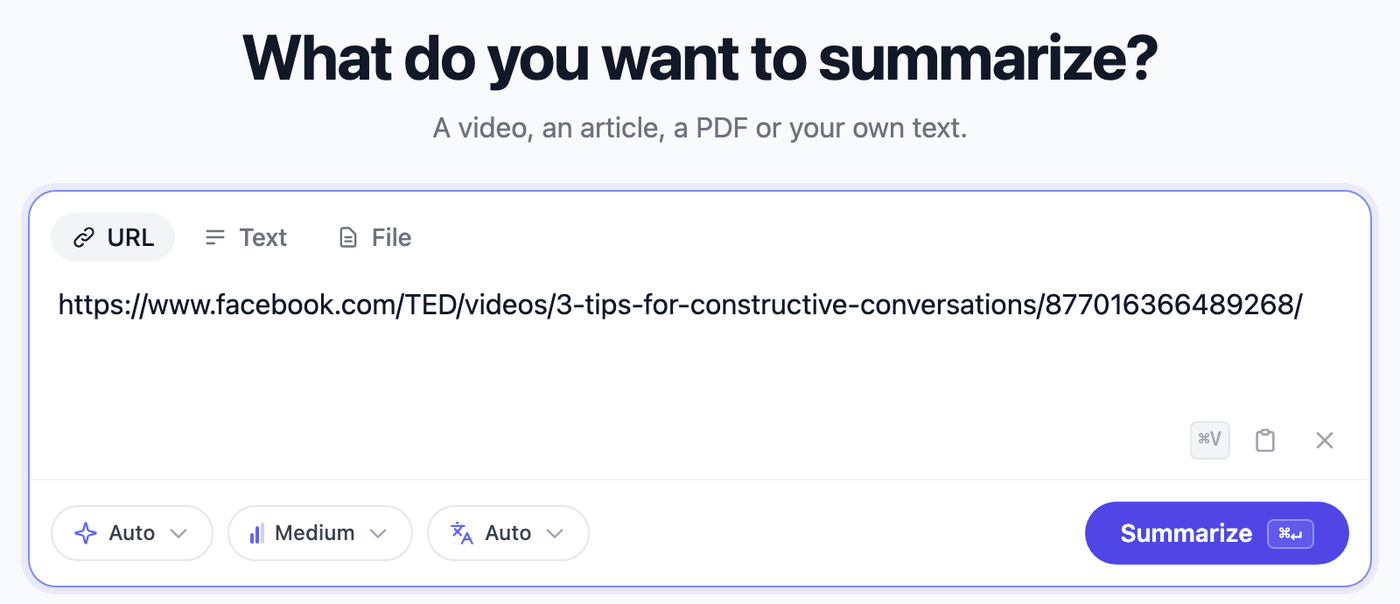 Colando o link de um vídeo do Facebook no campo de URL do PageSum
