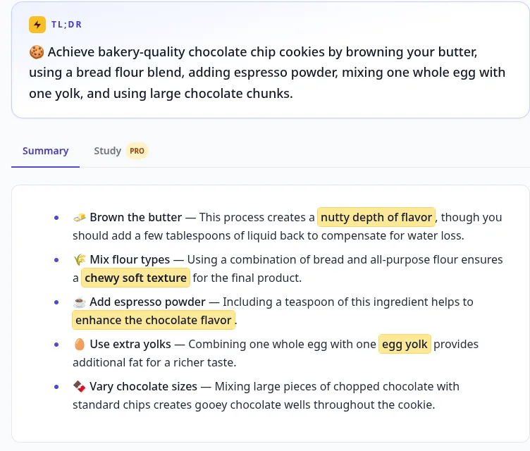 Key Points summary of a Tasty chocolate chip cookie TikTok in PageSum