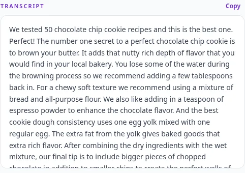 Transcript of a Tasty TikTok in PageSum, shown next to the summary